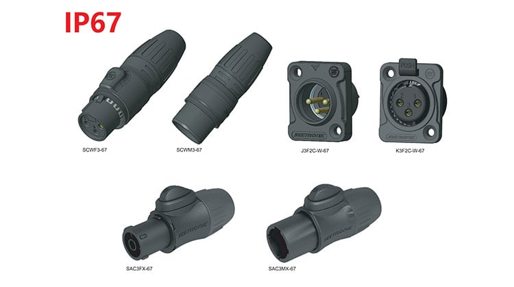 Image of industrial connectors labeled SCW3-F-67, SCP3M-67, JPG2C-W-67, KPC2C-W-67, SAC3FX-67, and SAC2MX-67; all IP67-rated.