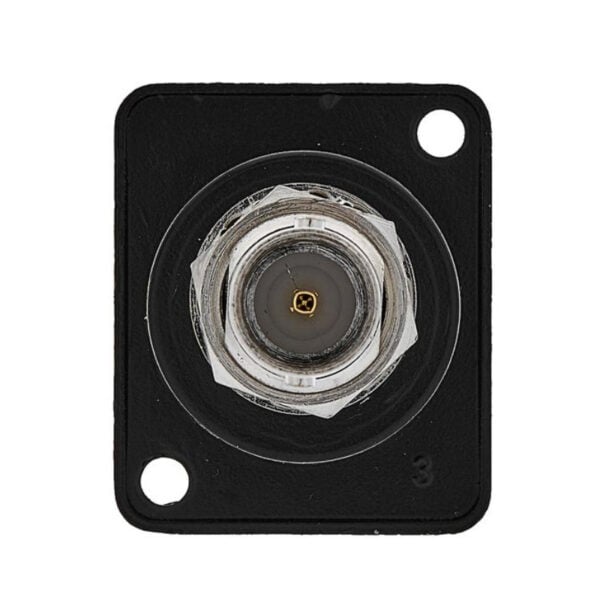 Close-up of a black RF coaxial connector with a central female socket, mounted on a panel with two screw holes.