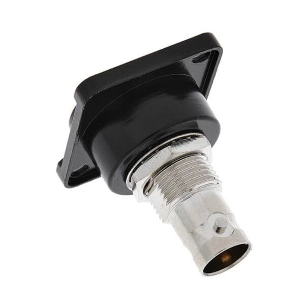 A metal RF coaxial connector with a mounting plate is shown on a white background.