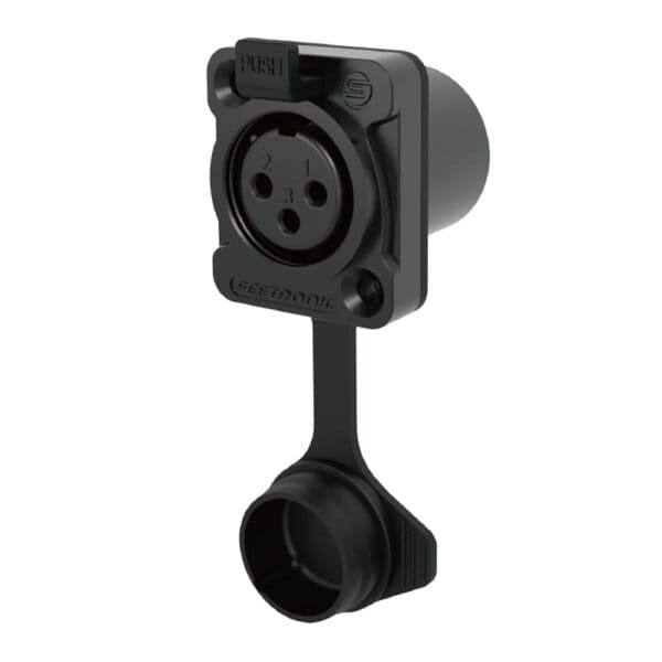 A black, wall-mounted, three-hole socket with a hinged protective cover.