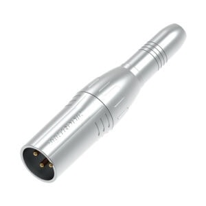 A metallic XLR plug with 3 pins, used for audio gear, is cylindrical and has a silver finish.