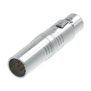 Silver male XLR connector, push-button release, 5 prongs.