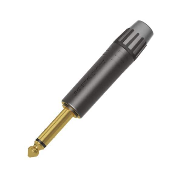 6.35mm 1/4" mono jack adapter, gold-plated tip, black insulated body.