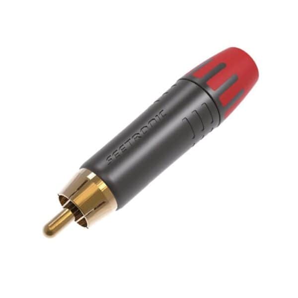 Red-tipped RCA connector with a gold-plated plug and black plastic body.