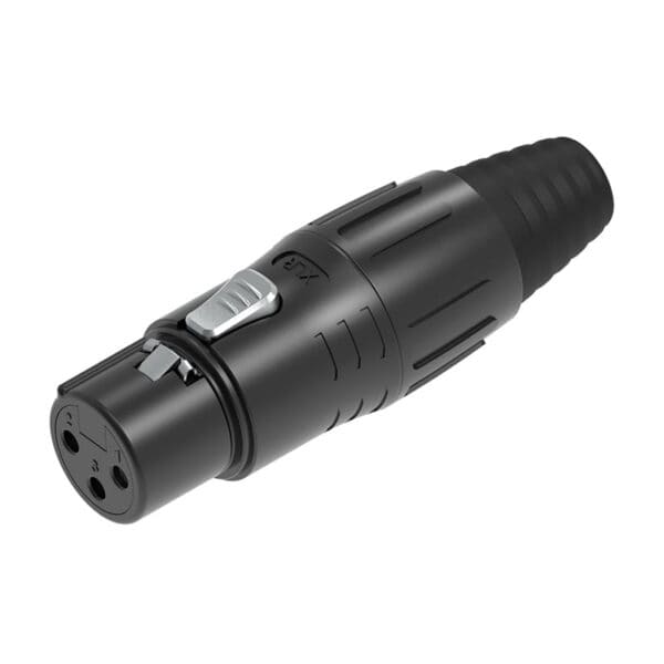 Image of a black 3-pin XLR connector with a metal latch.