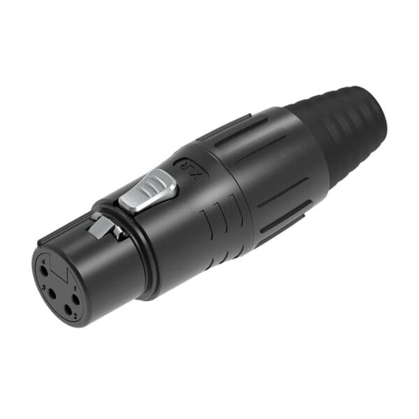 A black XLR female connector with push-button release and ribbed grip.