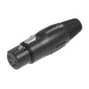 A black, cylindrical XLR female connector with a ribbed grip, metal clasp, and three pins for pro audio/video equipment.