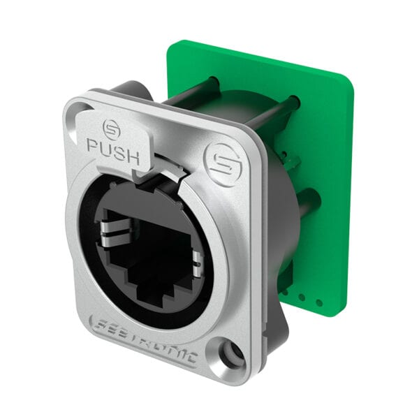 Image of a Neutrik RJ45 feedthrough connector with silver casing, green mounting plate, and push-button release.