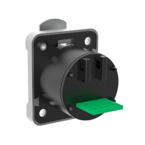 Black and silver electronic connector with a green insert on a square plate with four screw holes.