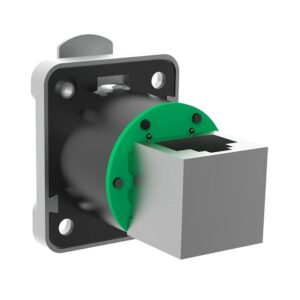 A square metallic connector on a green circular base, mounted on a gray-black rectangular panel with four screw holes.