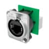 Image of a Neutrik RJ45 feedthrough connector with silver casing, green mounting plate, and push-button release.