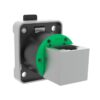 3D illustration of a grey power plug socket with a green interior, viewed slightly angled.