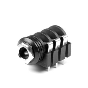 A black, cylindrical three-terminal audio jack with metal contacts.