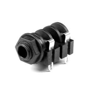 A black, cylindrical three-terminal audio jack with metal contacts.