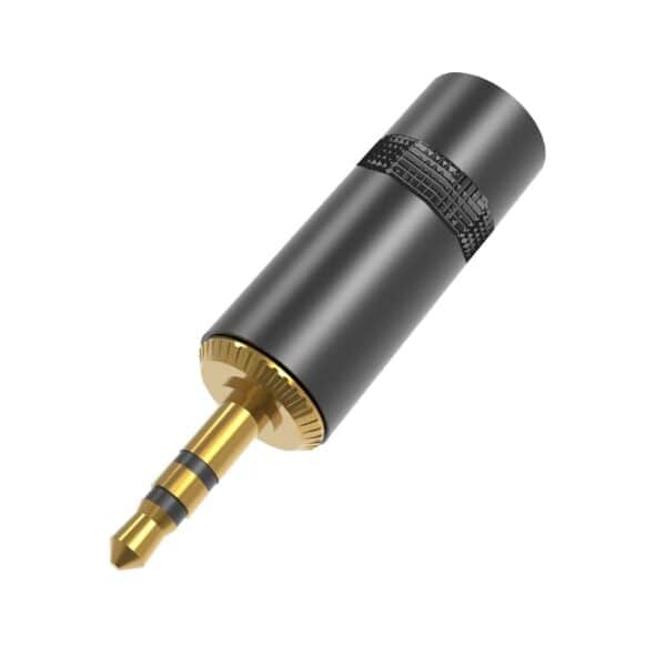 A black and gold 3.5 mm audio jack with a threaded metal casing.