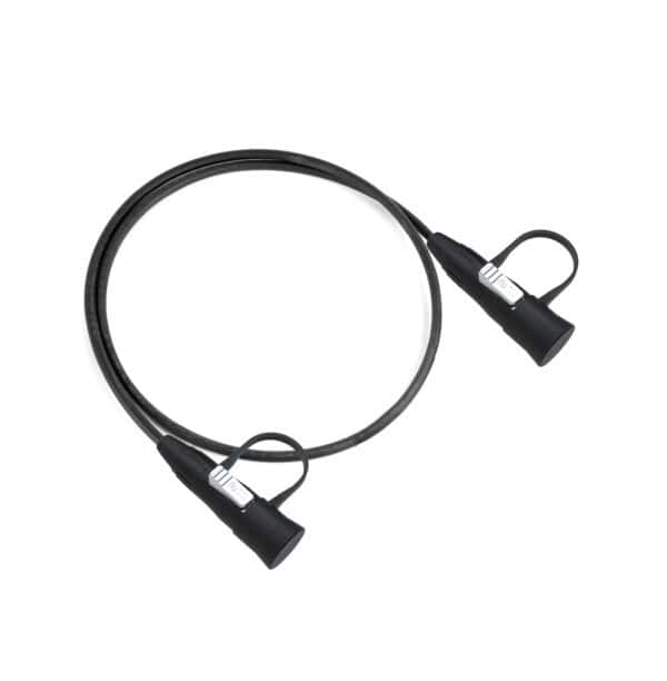 Black SO2M cable lock with two looped ends and locking mechanisms, shown in a circle on a white background.