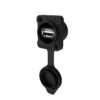 Black dual USB port with protective rubber cap, designed for vehicle or panel installation.