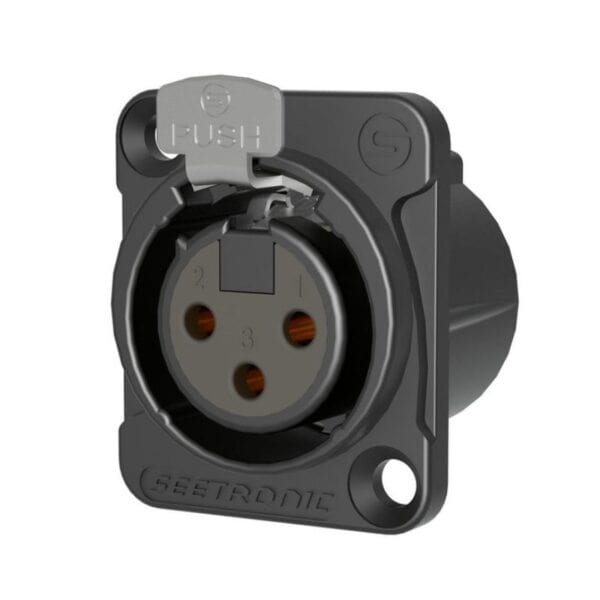 A black and grey industrial plug socket with a protective cover and three circular connector openings.