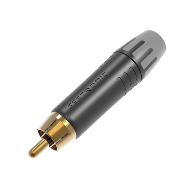 A black and gold RCA connector branded "SEISMIC," designed for audio and video transmission.