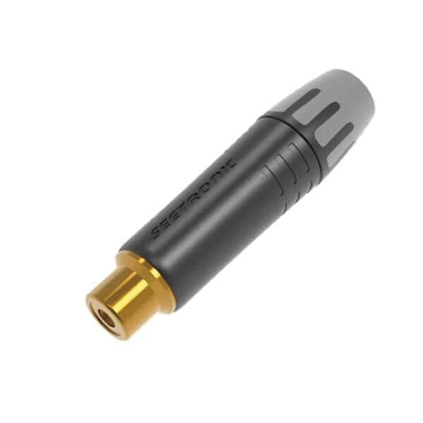 Close-up of a black and gray coaxial cable with a gold-plated connector.