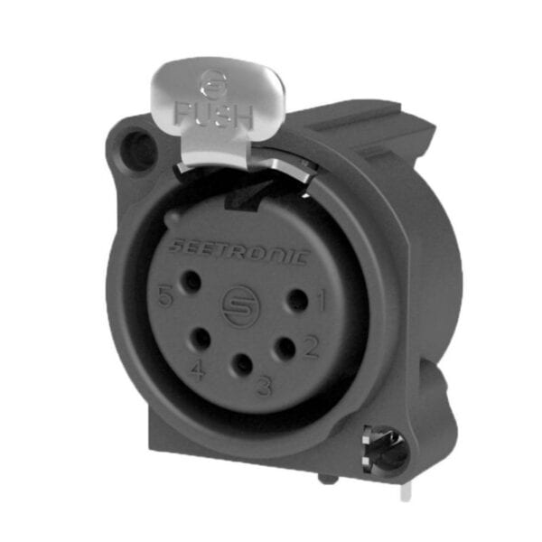 A circular Neutrik 5-pin male connector with push release, black casing, and side mounting holes.