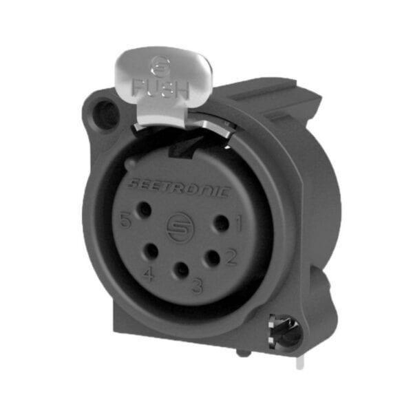 A circular Neutrik 5-pin male connector with push release, black casing, and side mounting holes.