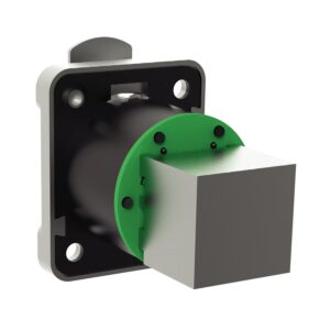 A 3D-rendered metal-plastic component with a square protrusion and mounting plate with screw holes.