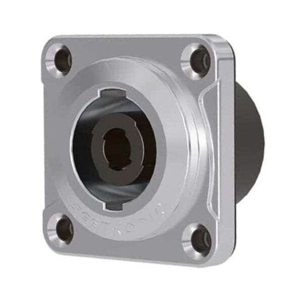 Square metal flange with a central hole and four corner bolt holes.