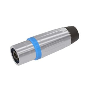 A silver and black metal cylindrical connector with a blue ring, used for audio or electronics.