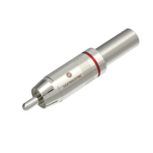 Silver Seetronic RCA male connector with a red ring, used for audio and video signals.