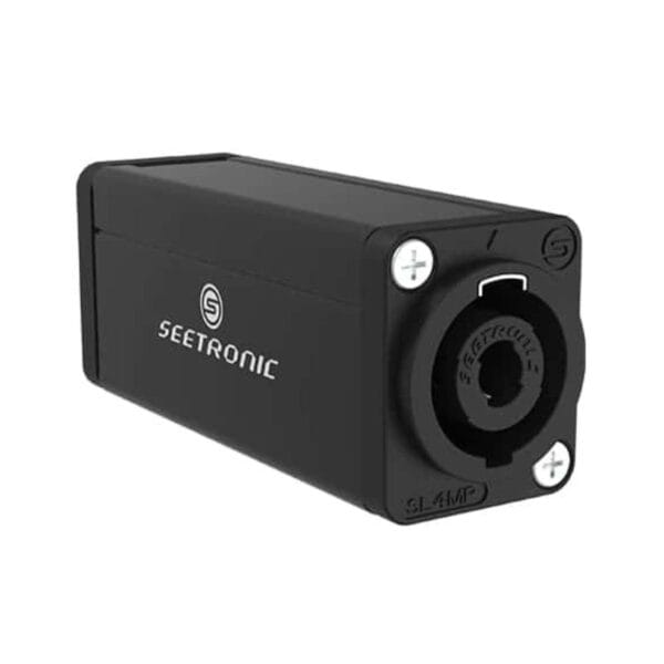 A black Seetronic audio connector with a circular input and 2 mounting screws.