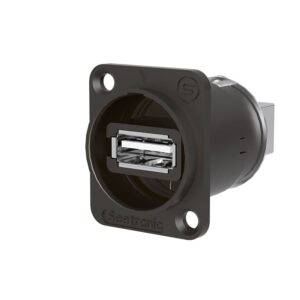 Image of a black Seetronic USB connector with flange and central USB port.