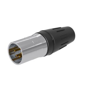 A metal and black plastic 3-pin XLR connector, typically used for audio and mic connections.