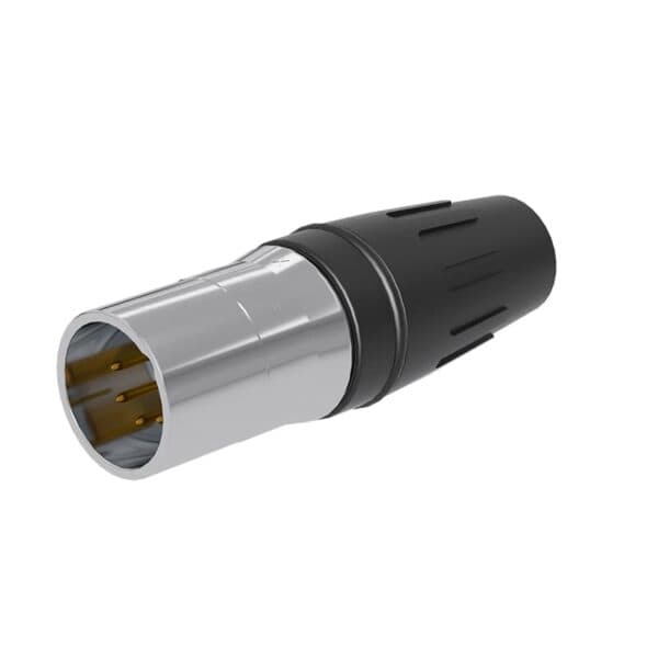 A black and silver XLR audio connector with three metal pins for audio equipment.