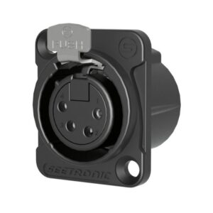 A black Scetronic electrical socket with four circular connectors and a top latch. Brand name embossed on the front.