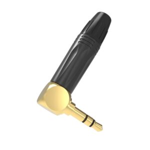 Right-angle male 3.5mm audio jack, gold-plated connector, black plastic casing.