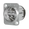 Metal circular connector with rectangular insert and two ports, designed for panel mount.