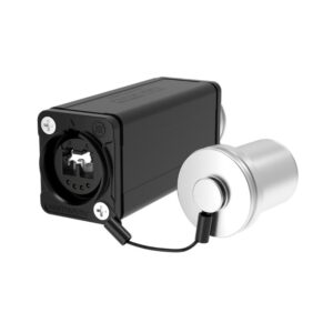 Black SO2DFF-M connector module with a silver cap and short cable on a white background.