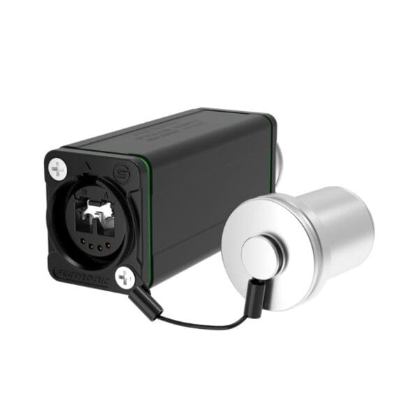 The SO2DFF-M is a black rectangular device with a circular port, attached to a silver cap by a short cord.