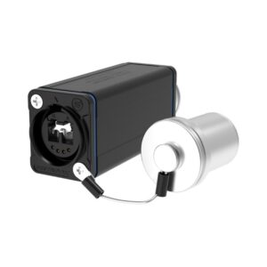 SO2DFF-M: black rectangular connector with a round silver cap on a short cable, shown on a white background.