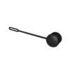 A black kitchen ladle with a round scoop and a long handle ending in an oval cutout.