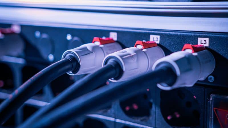 Close-up shot of audio stage power connectors