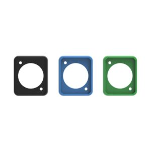 Three CNAC-DF plates—black, blue, green—each with one large and two small holes, are on a white background.
