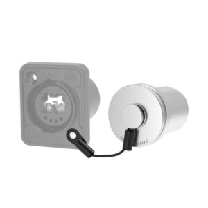 Silver cylindrical CNAC-SOXDF-METAL connector with cable-tethered cap shown beside a semi-transparent installation socket.