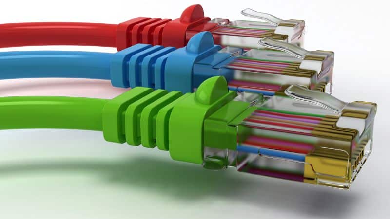 Red, blue, and green Ethernet cables with clear connectors are lined up on a white background.