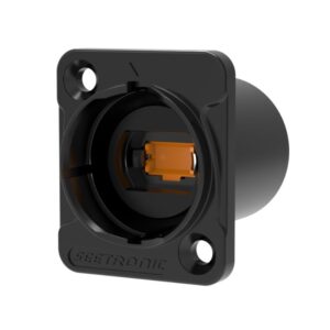 Black Seetronic SO12DF panel connector with circular opening, two mount holes, and orange internal lock.