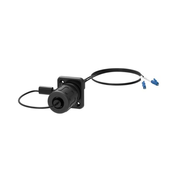 SO2DL fiber cable: one end has a black circular connector, the other has two blue connectors, joined by a black cable.