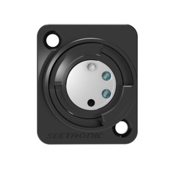Black Seetronic SO2DL connector, front view with two screw holes and a three-contact circular metal center.