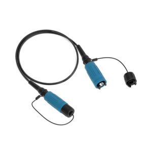 The SO2L is a black fiber optic cable with two waterproof blue-black connectors, each with protective caps on small cords.