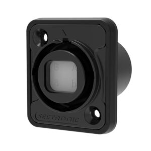 Black, square Seetronic SO4DF panel connector with labeled A and B contacts for secure cable connection.